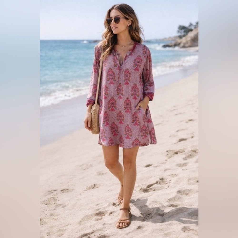 Celina Moon Purple  Print V Neck Tie Tunic Dress w/ Pockets Size L